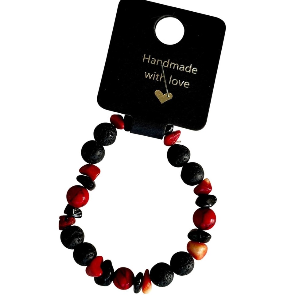 Handmade Lava Rock & Red Coral Style Beaded‎ Bracelet Fashion Jewelry